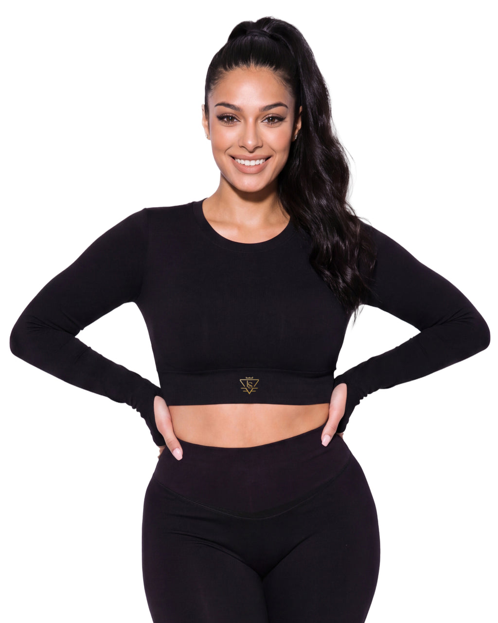 Long Sleeve Tri Cut Crop Top - Black