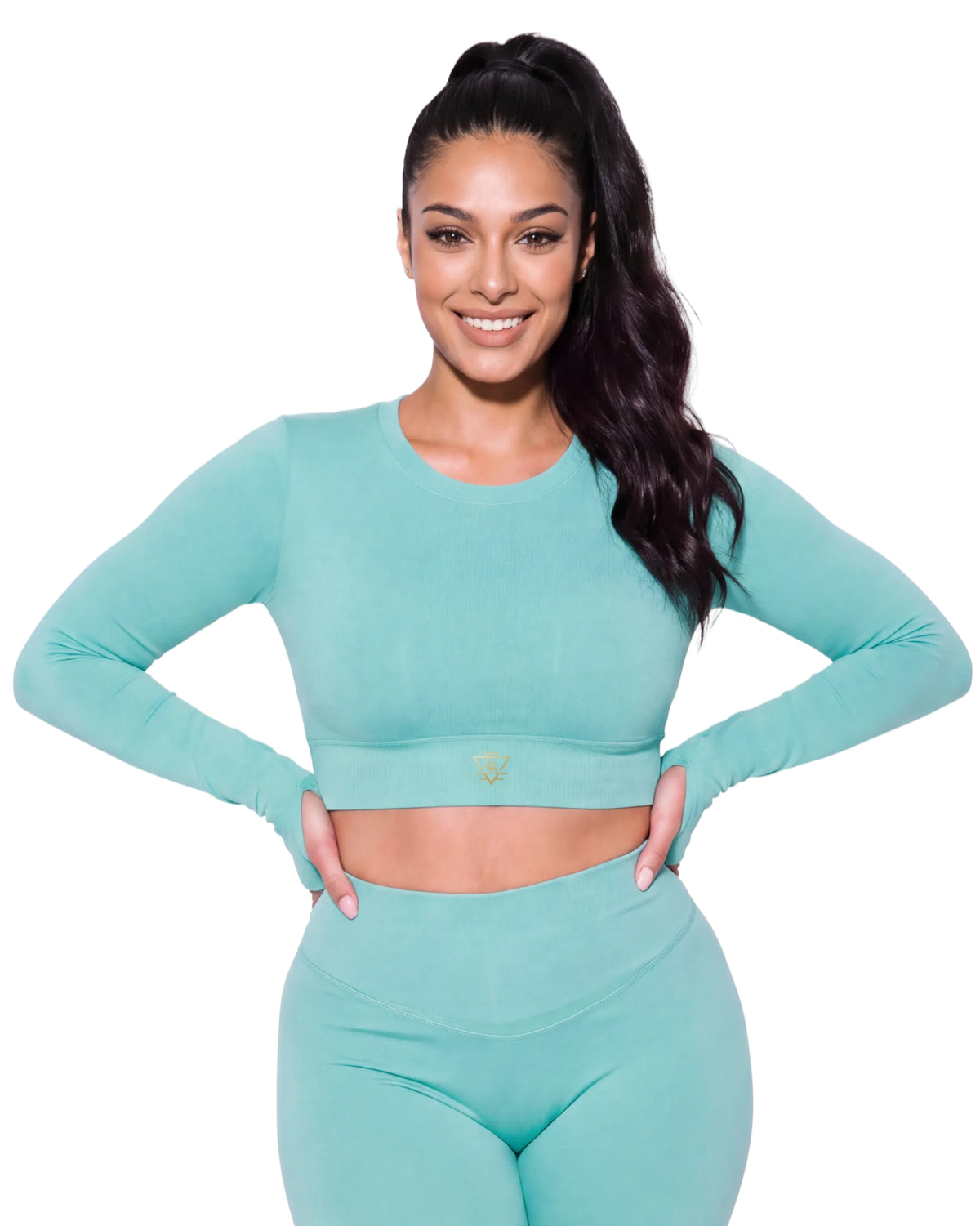 Long Sleeve Tri Cut Crop Top - Aqua Mint