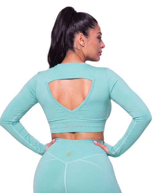 Long Sleeve Tri Cut Crop Top - Aqua Mint