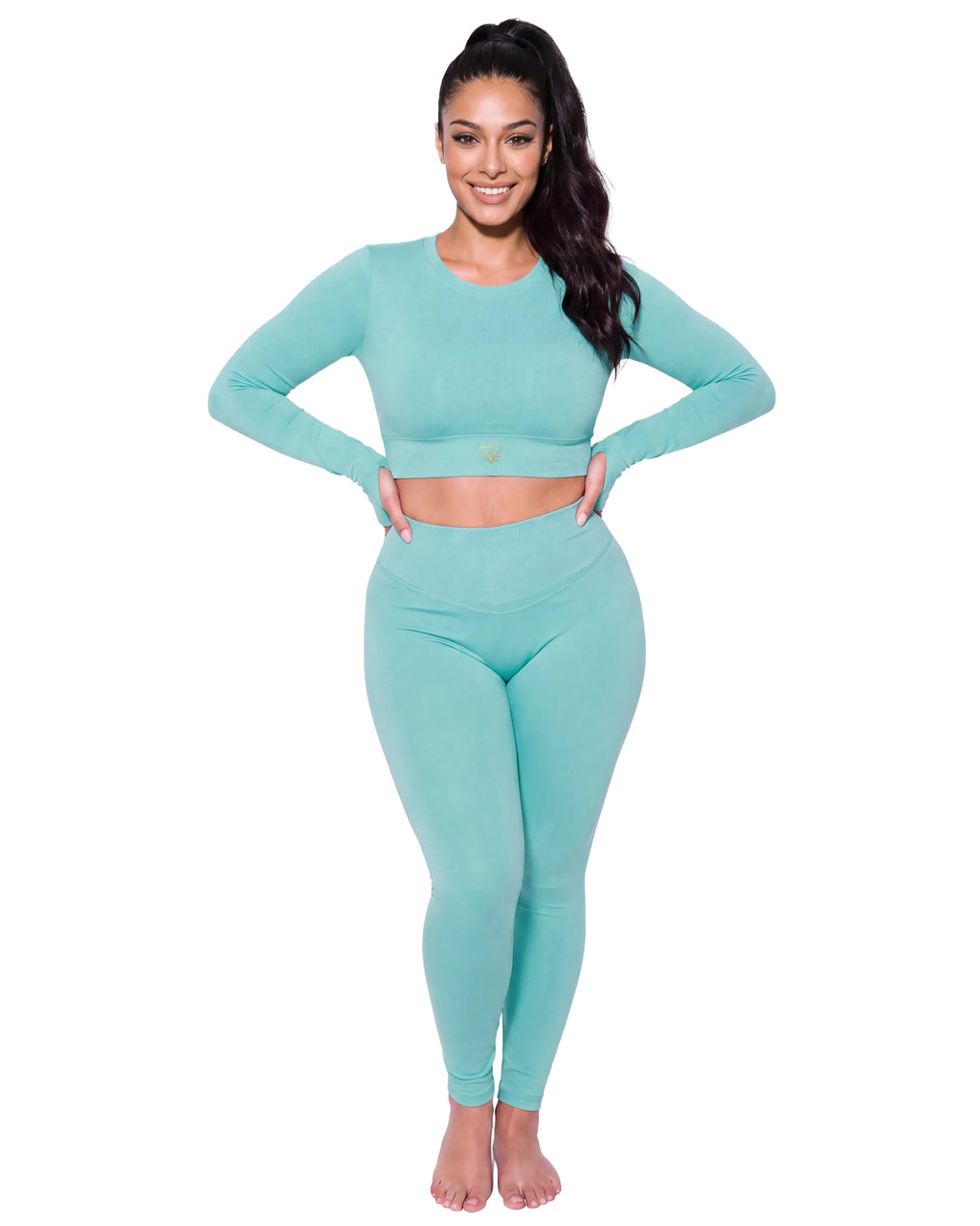 Long Sleeve Tri Cut Crop Top - Aqua Mint