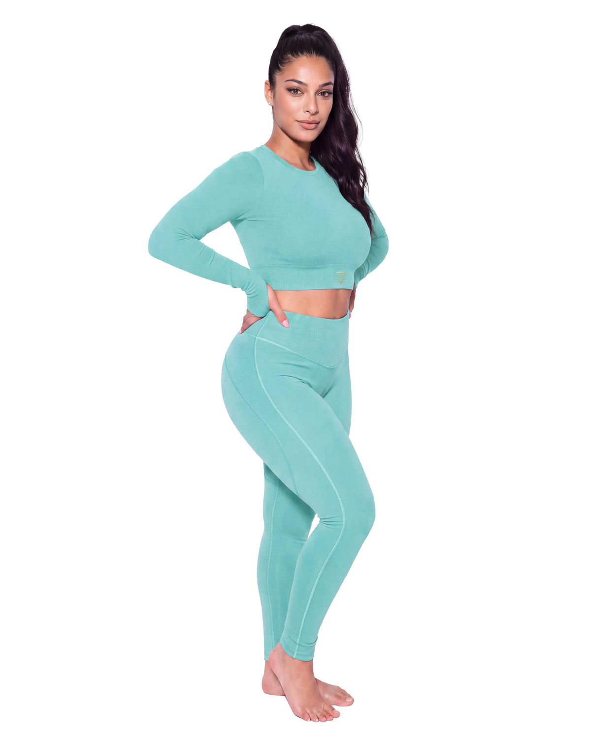 Long Sleeve Tri Cut Crop Top - Aqua Mint